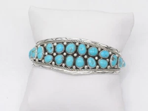 Native American Sterling Silver & 19 Turquoise Stone Navajo Handmade Bracelet - Picture 1 of 9