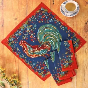 April Cornell Rooster 100% Cotton Napkin Set of 4 Navy Blue Rust Gold Green - Picture 1 of 6