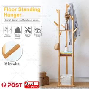 9 Hook Wooden Clothes Coat Stand Hat Rack Tree Shelf Hanger Organizer Holder AU - Picture 1 of 12