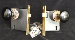 2 1890's VICTORIAN MORTICE LOCKS w/ black porcelain knobs+ Eastlake escutcheons - Picture 1 of 7