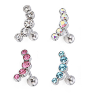 PAIR 16G 1/4" Curved 5-CZ Cluster Steel Tragus Helix Ear Conch Ring Stud Barbell