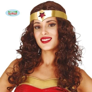 Ladies Superhero Fancy Dress Wig & Headband Brown Wonder Heroine Girl Hair fg - Picture 1 of 4