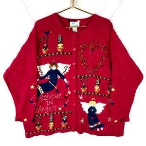 Vintage Grandma Knit Cardigan Sweater Women’s 2XL Red Angels 90s - Picture 1 of 3