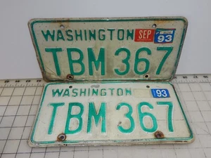 Pair Vintage Washington State License Plate 1993 Tabs , 1968 to 80's green - Picture 1 of 10