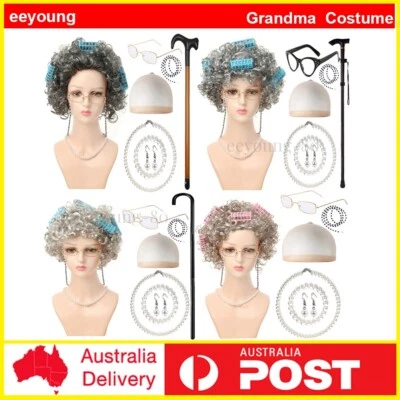 Grandma Old Lady Dress Up Set Granny Costume Wig Adult &Kid Masquerade Halloween - Imagem 1 de 4