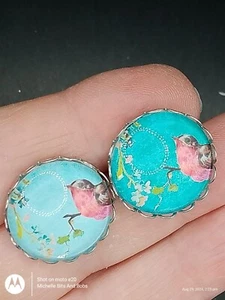Handmade Silver Tone Round Stud Earrings With Turquoise Bird Cabochons - Picture 1 of 2