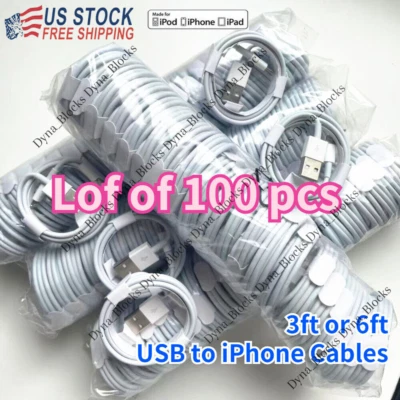 Atacado a Granel 100 Lote 3 Pés 6 Pés Cabo USB Para Apple iPhone 14 X 8 7 Cabo Carregador - Imagem 1 de 4