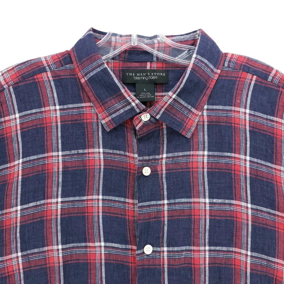 BLOOMINGDALES Men's Store 100% Linen Button Up Shirt Red Blue Plaid Check LARGE - Image 1 of 4