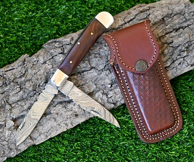 Custom Made Damascus Trapper Pocket Knife EDC- Hand Forged Two Folding Blade 693 - Image 1 of 4