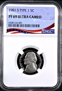 1981-S TYPE 1 Proof Jefferson Nickel, Graded PF69UC NGC * OSR Patriotic Label - Picture 1 of 4