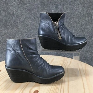 Fly London Boots Womens 37 Yoxi Ankle Booties Blue Leather Zipper Wedge Casual - Picture 1 of 18