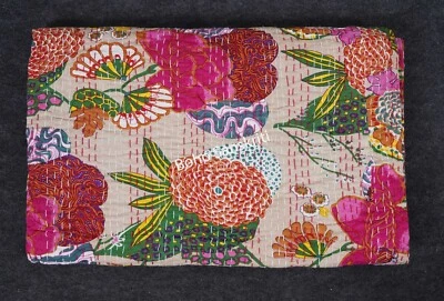 Indian Handmade Cotton Quilt Ethnic Fruit Print Kantha Blanket King Couch Cover - Image 1 of 4