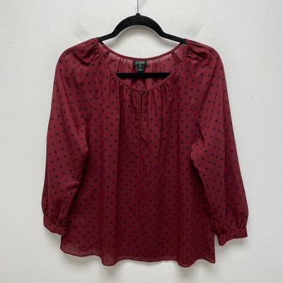 Blusa J Crew Para Mujer Borgoña Azul Marino Lunares Manga Raglán Cuello Cerradura Preppy S Foto 1 de 4