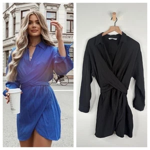 Zara Black Long Sleeve Shirt Dress Womens Large Belt Tie Waist Blogger Fave - Picture 1 of 11