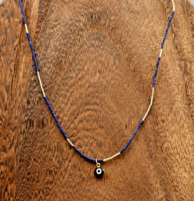 Lapis Lazuli & 14K Gold-Filled Evil Eye Necklace, Adjustable 15–17" MSRP $90.00 - Image 1 of 2