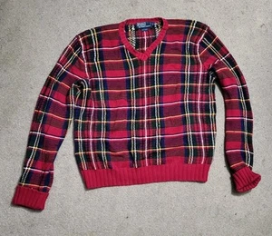 Vintage Polo Ralph Lauren Pullover Herren Large rot Schottenkaro Strick Baumwolle V-90er - Bild 1 von 5