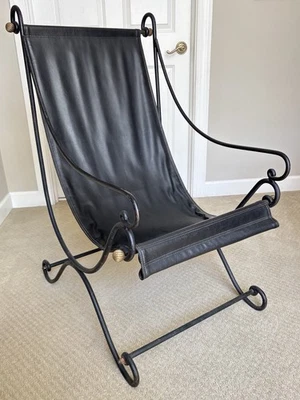 Vintage David Hicks Style Iron Sling Chair Scrolled Campeche Seat MCM - Image 1 of 4