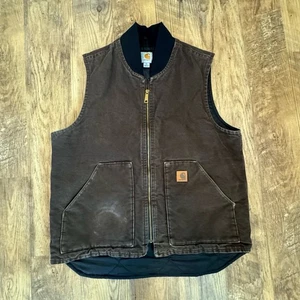 Vintage Carhartt V02 DKB Brown Quilt Lined Canvas Workwear Vest Size Large Tall - Picture 1 of 10