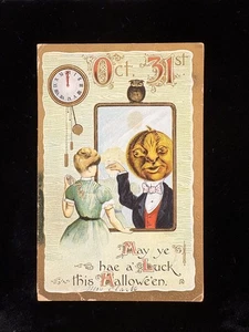 Gebrauchte 1909 Halloween Postkarte Mädchen schaut auf Kürbis Mann im Spiegel - Bild 1 von 2