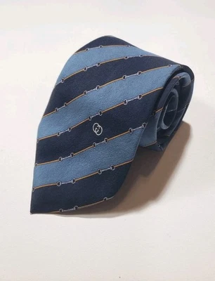 Vtg GUCCI Tie 56.5" Logo Blue Striped Links Made In Italy 100% Silk - Image 1 of 4