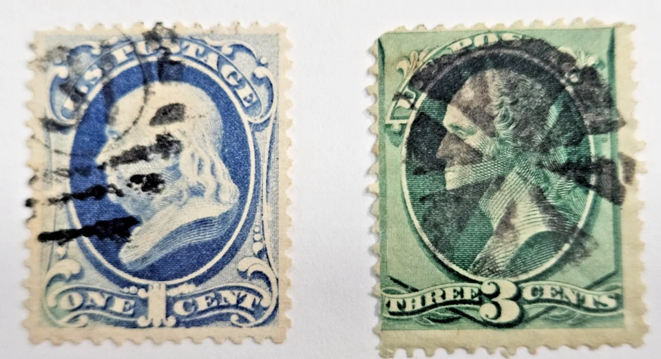 US Stamp Sc156, 158, 1c & 3c Fancy Cancellations, Used F/VF CV$5.75 (51185) - Image 1 of 1