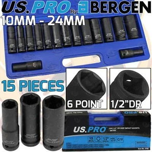 US PRO DEEP IMPACT SOCKET Set 1/2"Dr 15pc 10mm-24mm 6pt Hex Long Reach Sockets - Picture 1 of 6