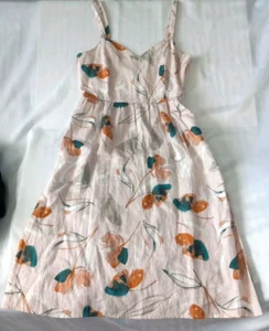Rachel Zoe Sz 8 Linen Peach Pink Sun Dress Empire Waist V Neck Side Zip Florals - Picture 1 of 14
