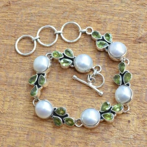 Natural Peridot & Freshwater Pearl 925 Silver Adjustable Bracelet – Gift Idea - Picture 1 of 6