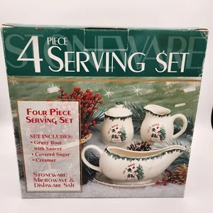 ATICO Stoneware Serving Set Let it Snow Cream Sugar Gravy Boat Christmas Snowman - Picture 1 of 9