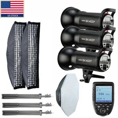 Luz estroboscópica flash estúdio Godox SK400II 400W EUA 1200w 3x Godox SK400II 400W + suporte softbox para Nikon - Imagem 1 de 4