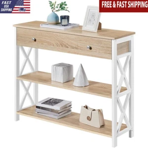 Wood and Iron Console Table 1 Drawer & 2 Shelves Sofa Side Table Living Room New - Picture 1 of 8