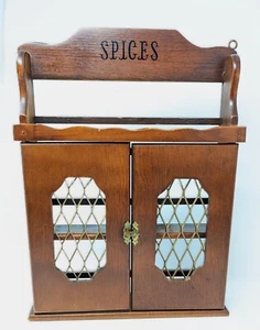 VTG Wood wall Spice Rack Cabinet metal lattice open back 15"x11" for 3.75" jars - Picture 1 of 10