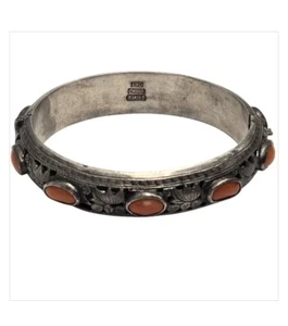 Rare Antique Chinese British Hallmark Sterling Silver Salmon Coral Bracelet - Picture 1 of 6