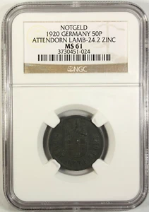 Germany 50 Pfennig 1920 NGC MS 61 UNC Zinc City of Attendorn Lamb-24.2 Notgeld - Picture 1 of 4