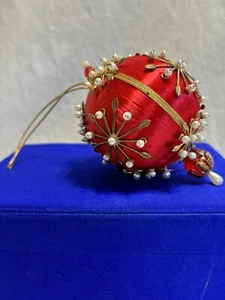 Vintage Handmade Red / Beaded Christmas Ornament Faux Pearls Gold Colored Trim - Picture 1 of 6