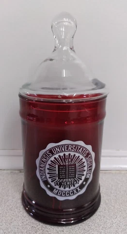 Vintage Indiana University Hoosier College Red Glass Container Jar 8" tall Cover