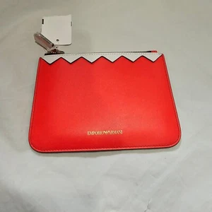 NEW EMPORIO ARMANI LEATHER CORAL RED BLACK WHITE ZIP COIN POUCH PURSE WALLET - Picture 1 of 3