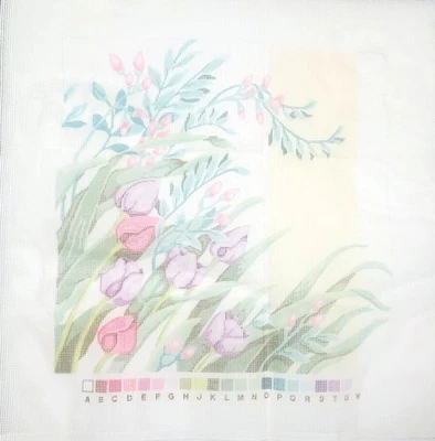 Floral TULIPS Handpainted (?) Needlepoint CANVAS  14"x14" Unbranded - Image 1 of 2