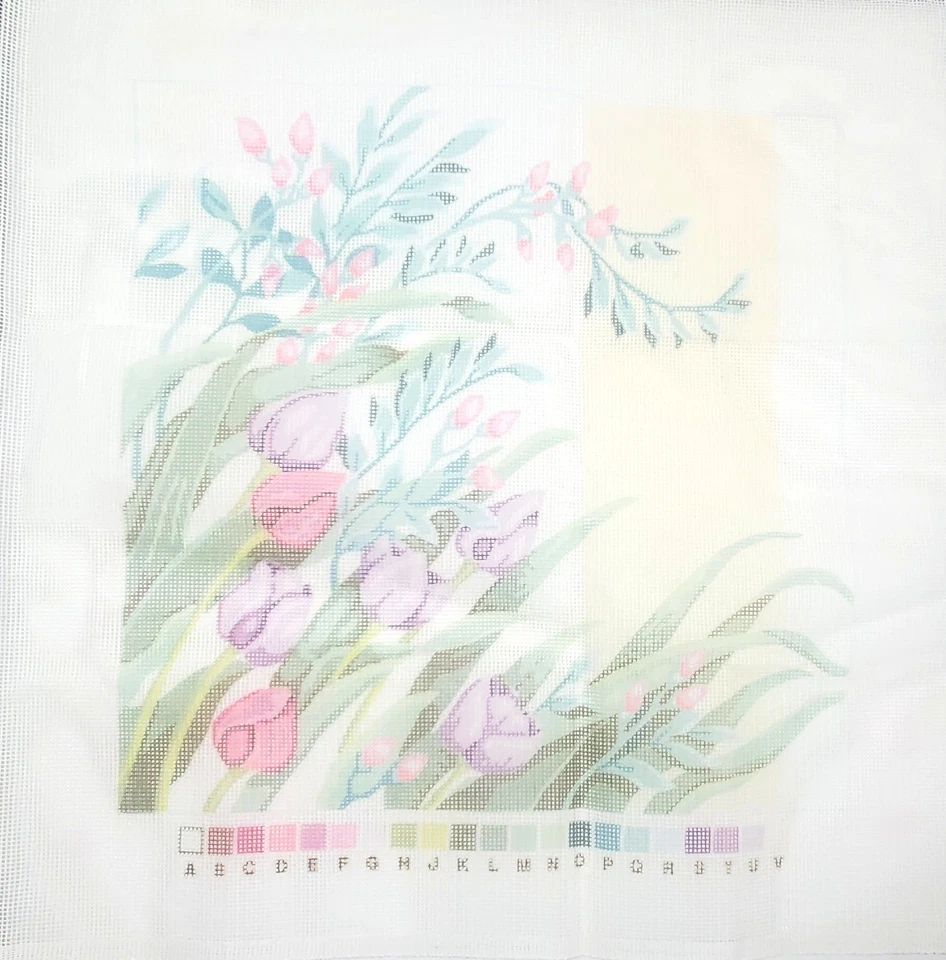 Floral TULIPS Handpainted (?) Needlepoint CANVAS  14"x14" Unbranded - Image 1 of 2