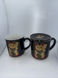 Set Of 2 Vintage Black Maneki Neko Lucky Cat Mug Cup Made in Japan - Picture 1 of 6