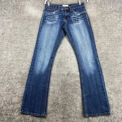 Pantalones de mezclilla rectos City Ink para mujer 3 azules tiro bajo 5 bolsillos bigotes bordados Foto 1 de 4