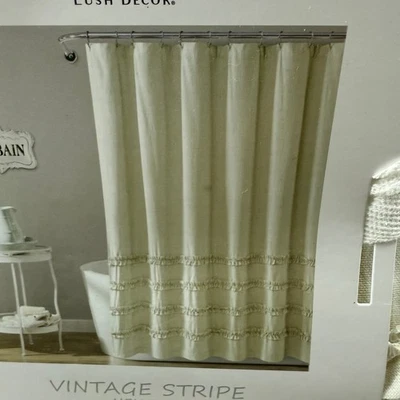 Cortina de ducha de algodón teñida con hilo a rayas vintage decoración exuberante 72" X 72" neutra Foto 1 de 4
