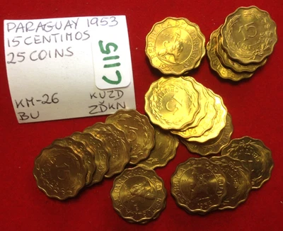 C115 Paraguay; 25 Coins from Mint Bag  15 Centimos 1953  KM#26  BU - Image 1 of 3