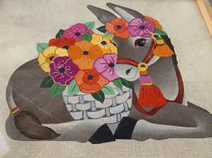 dede hand painted needlepoint canvas Donkey Flowers Big Rare - Picture 1 of 2