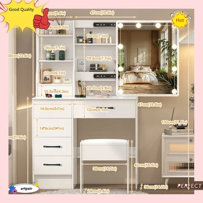 10 LED Lighted Sliding Mirror Vanity Makeup Table Dresser Desk Set Stool US Ship - Image 1 of 4