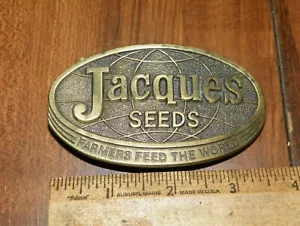 1977 LEWIS Brass Belt Buckle JACQUES SEEDS FARMERS FEED THE WORLD - Picture 1 of 3