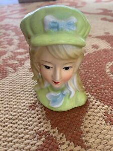 Vintage Lady Head Vase with Lime Green Dress & Hat with Blue & White Bow Rare