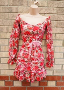 BOOHOO PINK FLORAL LACE LONG SLEEVE OFF THE SHOULDER BODYCON PARTY DRESS 8 S - Picture 1 of 8