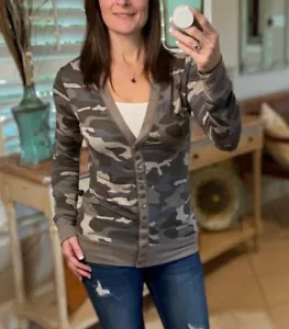 Camouflage Print Snap Front Preppy Cardigan Long Sleeve Light Military Green - Picture 1 of 4