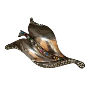 Vintage Sterling By Glamour Rhinestone Leaf Brooch (A8050) - Picture 1 of 8